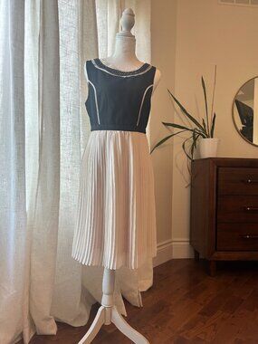 Black & Nude Pleated Cocktail Dress with Embellished Stud Neckline